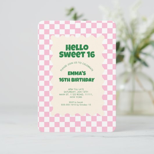 Retro Pink Groovy Checker Sweet 16 uitnodiging (Staand voorkant)