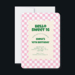 Retro Pink Groovy Checker Sweet 16 uitnodiging<br><div class="desc">Retro Roze Groovy Checker Patroon Verjaardagsfeest</div>