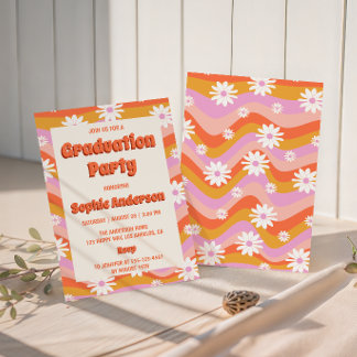 Retro Pink Groovy Daisy Floral Graduation Party  Kaart