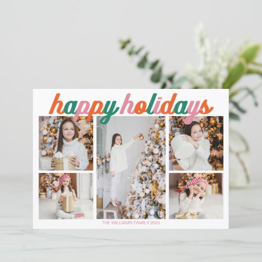Retro Pink Happy Holidays 5 Photo Collage Feestdagenkaart (Staand voorkant)