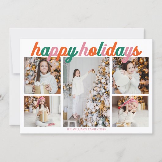 Retro Pink Happy Holidays 5 Photo Collage Feestdagenkaart (Voorkant)