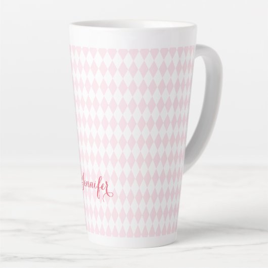 Retro Pink Harlequin Pattern Elegant Monogrammed Latte Mok (Rechterhoek)