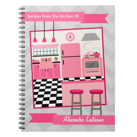 Retro Pink Kitchen en Zig Zag Recipe Notebook Notitieboek (Voorkant)