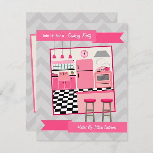 Retro Pink Kitchen Koking Party nodigt uit Kaart (Voorkant / Achterkant)