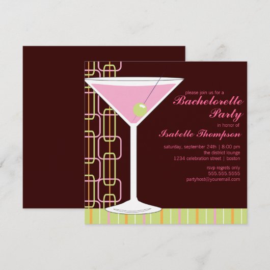 Retro Pink Martini Bachelorette Party Uitnodiging (Voorkant / Achterkant)