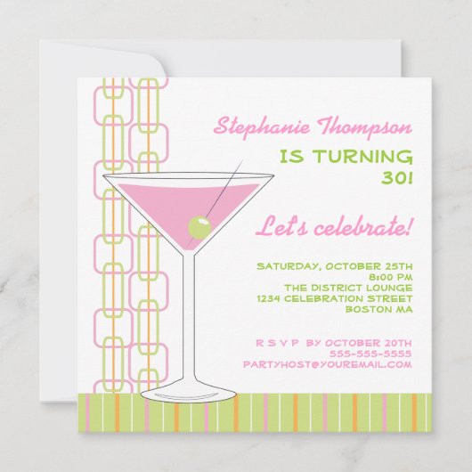 Retro Pink Martini Birthday Party Invitation Kaart (Voorkant)