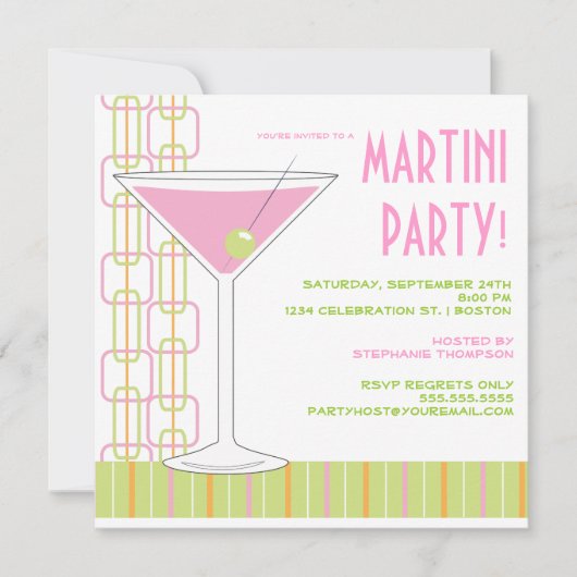Retro Pink Martini Cocktail Party Invitation Kaart (Voorkant)