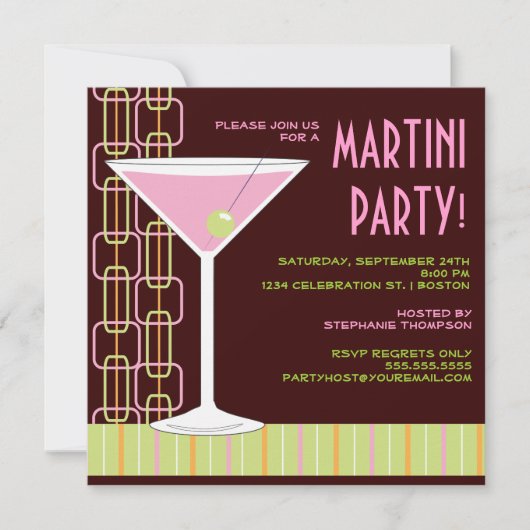 Retro Pink Martini Cocktail Party Invitation Kaart (Voorkant)