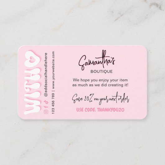 Retro Pink Modern Business Bedankt Korting Informatiekaartje (Achterkant)