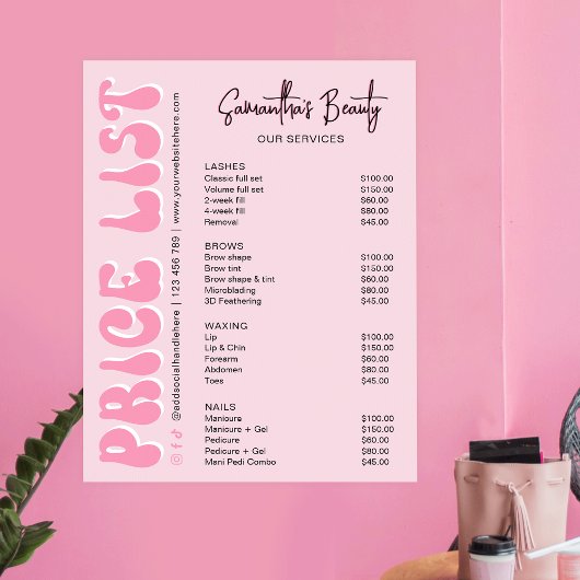 Retro Pink Modern Lash Salon prijslijst Poster