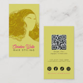 Retro Pink Olive Green Hair Styling Flat Design QR Visitekaartje (Voorkant / Achterkant)