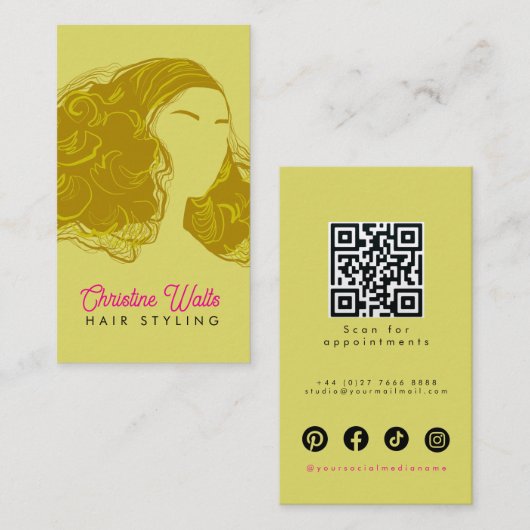Retro Pink Olive Green Hair Styling Flat Design QR Visitekaartje (Voorkant / Achterkant)