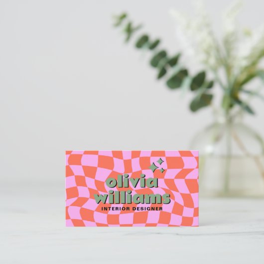 Retro Pink Orange Boho Groovy Checkered Unique Visitekaartje (Staand voorkant)