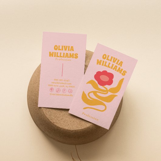 Retro Pink Orange Boho Groovy Floral Girly Trendy Visitekaartje