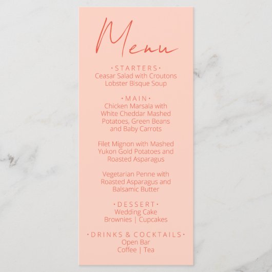Retro Pink Orange Hand Written Wedding Menu (Voorkant)