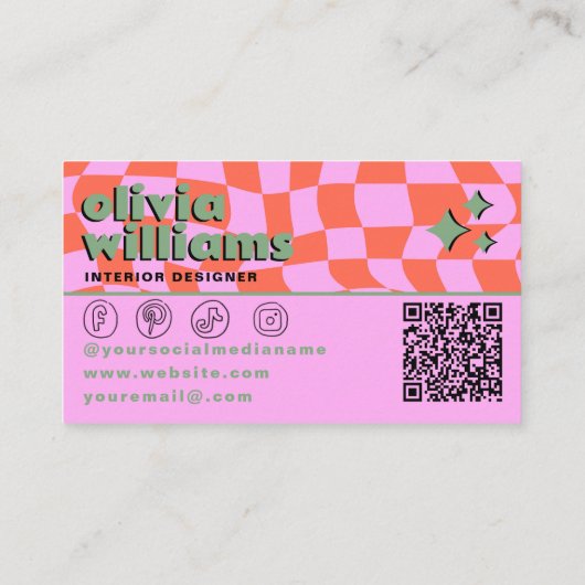 Retro Pink Orange QR Code Groovy Checkered Unique Visitekaartje (Achterkant)