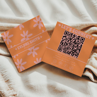 Retro Pink Orange QR Code Groovy Floral Girly Vierkante Visitekaartje