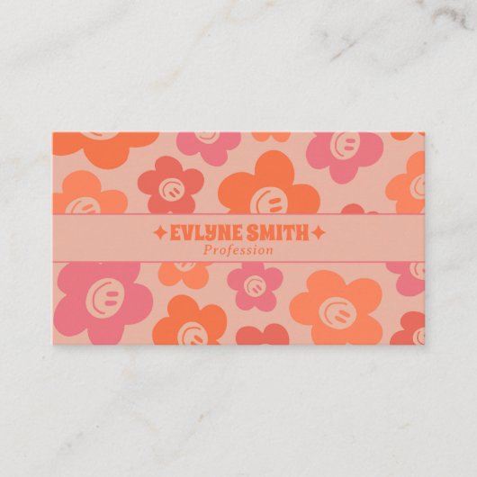 Retro Pink Orange QR Code Groovy Smiling Flowers  Visitekaartje (Voorkant)