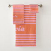 Retro Pink Orange Stripe Personalized Name Bad Handdoek (Insitu)