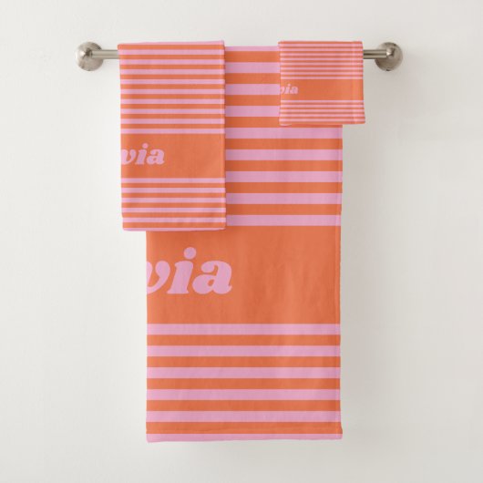 Retro Pink Orange Stripe Personalized Name Bad Handdoek (Insitu)