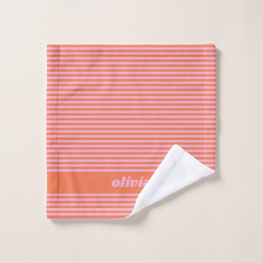 Retro Pink Orange Stripe Personalized Name Bad Handdoek (Wasdoekje)