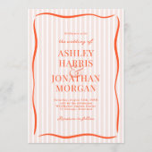 Retro Pink & Orange Striped Wedding Kaart (Voorkant)