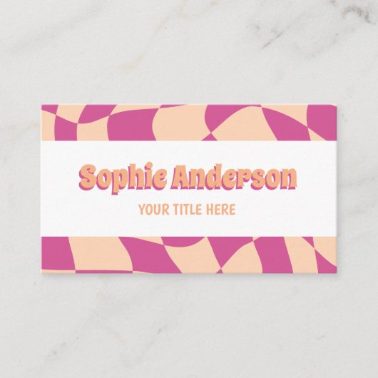 Retro Pink & Peach Wavy Pattern with QR Code  Visitekaartje (Voorkant)