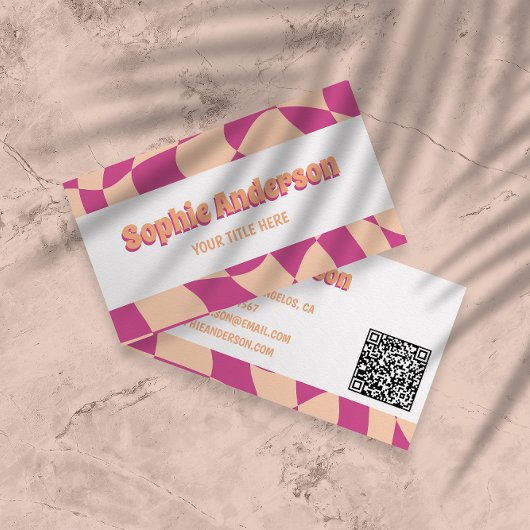 Retro Pink & Peach Wavy Pattern with QR Code Visitekaartje