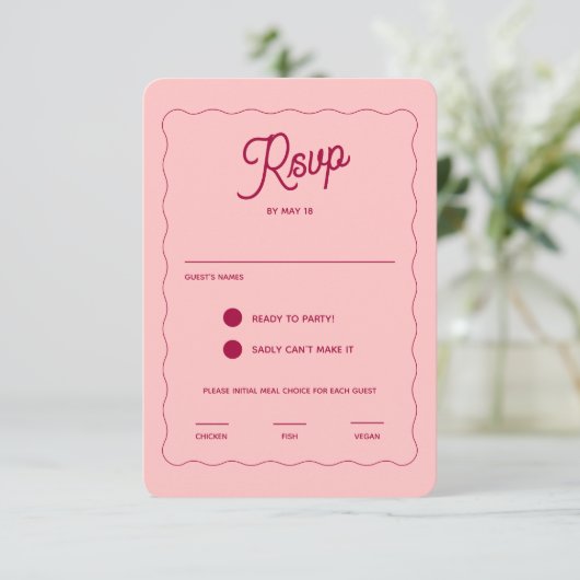 Retro Pink Peachy Fuchsia Wave Lijst Weddenschap RSVP Kaartje (Staand voorkant)