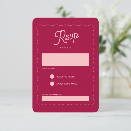 Retro Pink Peachy Fuchsia Wave Lijst Weddenschap RSVP Kaartje (Staand voorkant)