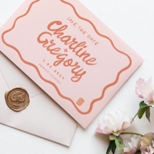 Retro Pink PeachyHandwriting Wedding Save the Date Kaart