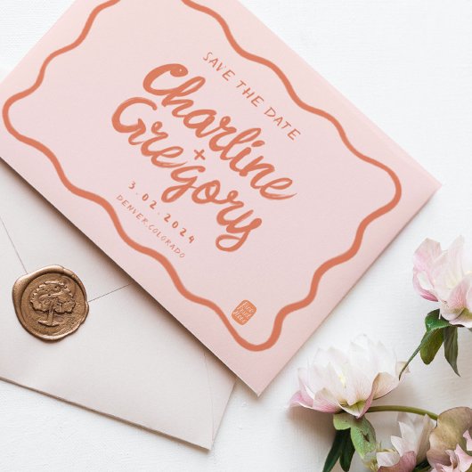 Retro Pink PeachyHandwriting Wedding Save the Date Kaart