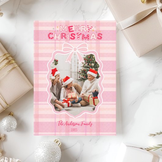 Retro Pink Plaid grillige vakantie Feestdagenkaart