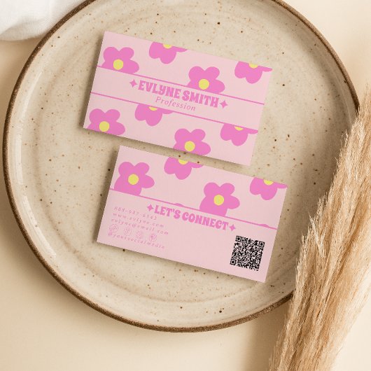 Retro Pink QR Code Groovy Floral Boho Girly Unique Visitekaartje