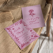Retro Pink Raspberry Drawn Floral Garden Wedding Kaart