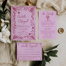 Retro Pink Raspberry Drawn Floral Garden Wedding