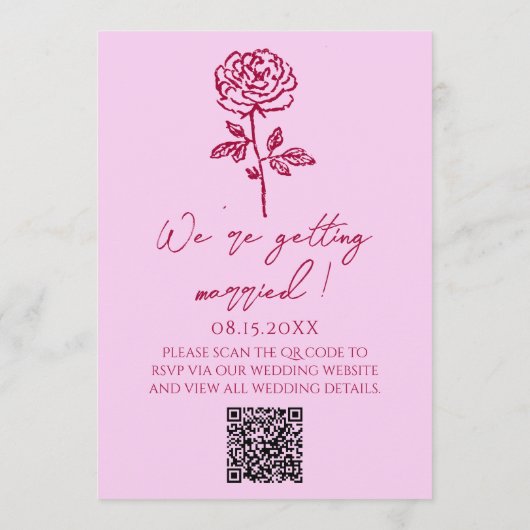 Retro Pink Raspberry QR Code Drawn Floral Wedding Kaart (Achterkant)