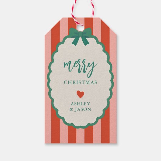 Retro Pink, Red, and Green Striped Merry Christmas Cadeaulabel (Voorkant)