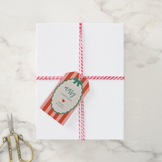 Retro Pink, Red, and Green Striped Merry Christmas Cadeaulabel (Met Touw)