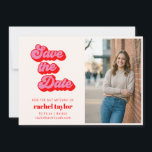 Retro Pink Red Bat Mitzvah Photo Save The Date<br><div class="desc">This retro pink and red Bat Mitzvah announcement features bold groovy lettering paired with a modern photo layout for your daughter’s portrait. The playful typography and bright color palette create a stylish and memorable way to share the upcoming celebration with family and friends. The back of the card features a...</div>