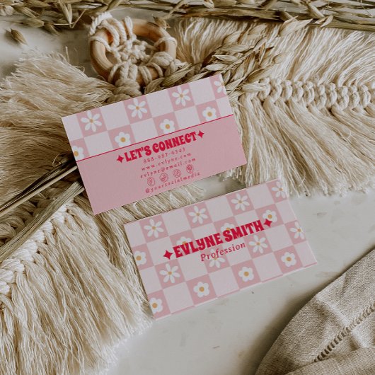 Retro Pink Red Checkered Groovy Floral Boho Trendy Visitekaartje