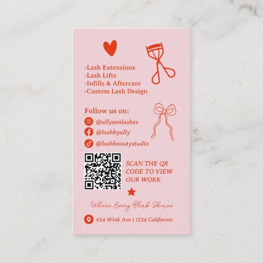 Retro Pink Red Doodles Lash Tech QR Code Visitekaartje (Achterkant)