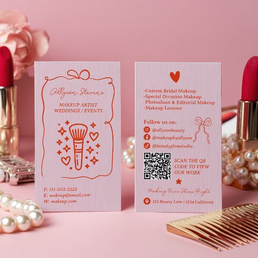 Retro Pink Red Doodles Makeup Artist QR Code Visitekaartje