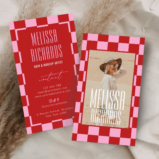 Retro Pink Red Groovy Beauty Salon Custom Photo Visitekaartje