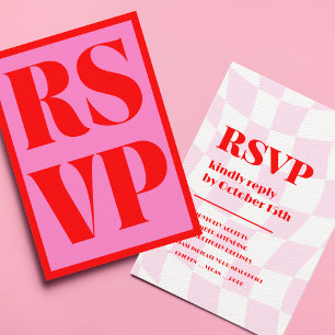 Retro Pink Red Pattern Bold Typography Wedding RSVP Kaartje