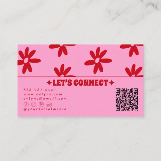 Retro Pink Red QR Code Groovy Floral Girly Trendy Visitekaartje (Achterkant)