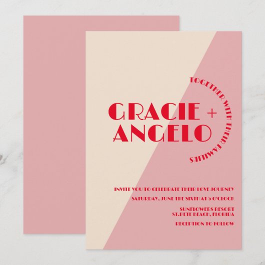 Retro Pink Red Two Tones Wedding Invitation Kaart (Voorkant / Achterkant)
