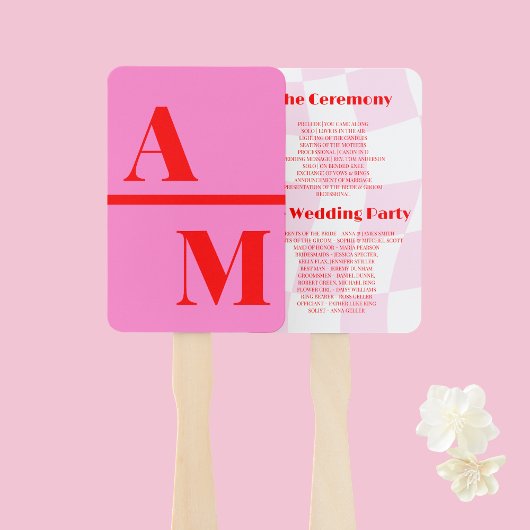 Retro Pink Red Wedding Program Handje Fan Handwaaier