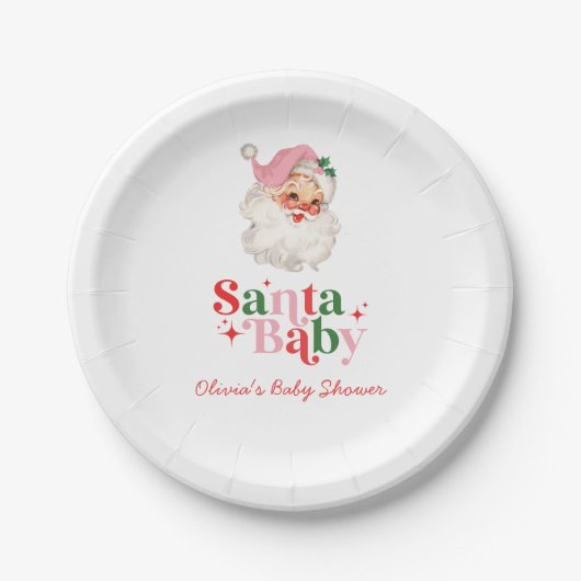 Retro Pink Santa Baby christmas baby shower Papieren Bordje (Voorkant)