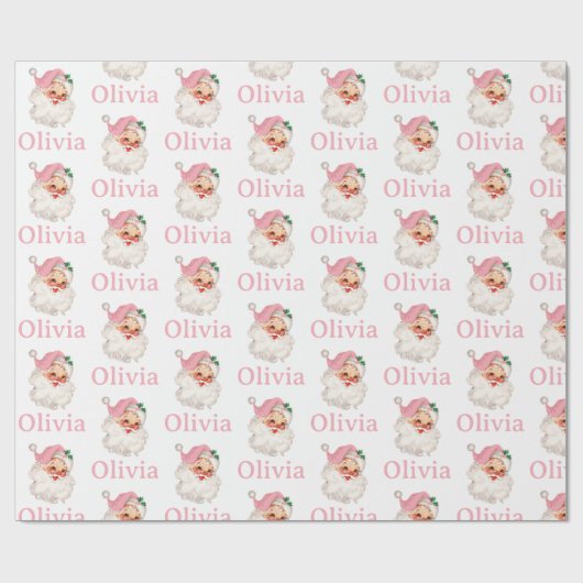 Retro Pink Santa gepersonaliseerd Cadeaupapier (Vlak)